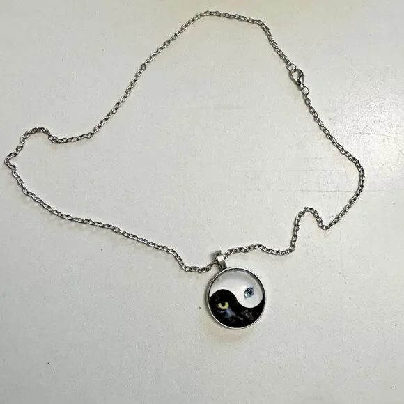 Yin Yang Cat Pendant Necklace – 20 Inches, Silver Tone Chain - Picture 4 of 7